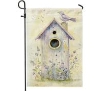 Bandiera del giardino della casa degli uccelli dell'acquerello per la primavera e l'estate, bandiere floreali viola morbide per la decorazione della casa, decorazione del prato all'aperto su entrambi