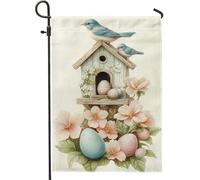 Bandiera del giardino della casa degli uccelli di primavera blu pastello decorazione floreale per la casa bandiere da giardino bandiera in tela doppia faccia per patio decorazione esterna di Pasqua