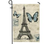 Bandiera del giardino della farfalla della Torre Eiffel primavera estate bandiera blu vintage di Parigi, decorazione della casa bandiera di juta double face decorazione esterna 12x18