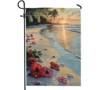 Bandiera del giardino della spiaggia tropicale, fiori di ibisco rossi, decorazione costiera della casa, decorazione del prato all'aperto, bandiera del patio bifacciale, 12 x 18 pollici