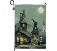 Bandiera del giardino della strega di Halloween, scura spaventosa luna piena gotica decorazione d'interni, bandiere da giardino, bandiera di cortile, bandiera di cortile, festa di vacanza, decorazione
