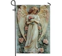 Bandiera del giardino dell'angelo, angelo crema morbido con rose decorazione domestica tela doppia faccia decorazione del prato all'aperto stile spirituale sereno 12 x 18 pollici