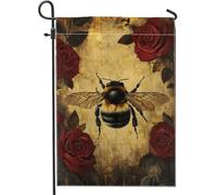 Bandiera del giardino delle api, api dorate e rose rosse, banner di decorazione esterna, bandiera floreale a doppia faccia, decorazione domestica, decorazione del prato primaverile e
