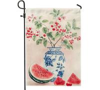Bandiera del giardino delle bacche estive vaso blu e bianco con bacche rosse decorazione esterna bandiera del patio in tessuto double face per la decorazione del prato della casa 12 x 18 pollici