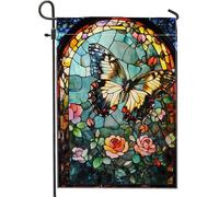 Bandiera del giardino delle farfalle primaverili ed estive, colorato rose floreali all'aperto decorazione della casa doppia faccia decorazione del prato ideale per vacanze e feste 12x18