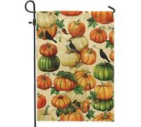 Bandiera del giardino delle zucche del raccolto autunnale, uccelli neri e arancioni, gioia di vacanza autunnale, decorazione del patio bifacciale, decorazione esterna, 12 x 18 pollici