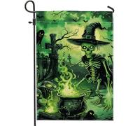 Bandiera del giardino dello scheletro della strega di Halloween, decorazione del cimitero spaventoso verde, decorazione del cortile esterno, decorazione del patio all'aperto, vacanza e visualizzazione