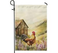 Bandiera del giardino di pollo della fattoria, design rustico del gallo decorazione all'aperto per la primavera e l'estate, banner in juta double face per la decorazione della casa e del giardino, 12