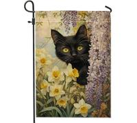 Bandiera del giardino floreale del gatto, narciso giallo, decorazione domestica, bandiere da giardino in tela a doppia faccia, decorazione del prato all'aperto, 12 x 18 pollici