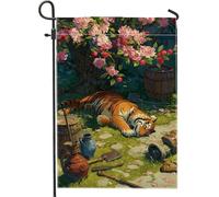 Bandiera del giardino floreale primavera estate vibrante tigre sotto le ciliegie striscione decorazione domestica bandiera in tela a doppia faccia per la decorazione del prato all'aperto 12x18