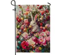 Bandiera del giardino floreale primaverile, coniglio di fiori di pesca, decorazione domestica, bandiera del giardino stampata a doppia faccia, decorazione del prato all'aperto, decorazione del partito