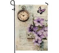 Bandiera del giardino floreale viola primavera estate orologio vintage farfalla decorazione casa bandiera juta doppio lato decorazione prato esterno 12x18 pollici