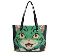 Bandiera del Messico Borsa Tote in Pelle per le Donne Top Handle Borse Borse Casual Lavoro Tote Borsa a Tracolla da Viaggio, Anime Gatto Verde, 29*34*14cm