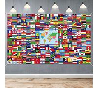 Bandiera del mondo, 1,5 x 0,9 m, in tessuto, con bandiere internazionali, sfondo con occhielli per feste di compleanno, decorazioni per ufficio, scuola, aula, carta da parati, decorazioni per eventi
