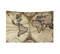 Bandiera del mondo con mappa antica con 4 occhielli, bandiere su un lato in poliestere resistente, striscioni resistenti alle intemperie per dormitori, feste, riprese, festival, decorazione 89 x 150