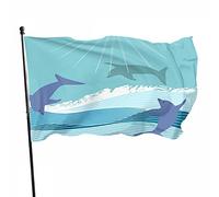 Bandiera delfini, decorazione da 0,9 x 1,5 m, blu mare, cielo, focena, pesce tropicale, oceano, onde, schiuma di mare, poliestere, motivo stampato, decorazione per esterni per case e giardini