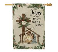 Bandiera della casa a croce, presepe religiosa natalizia con stella di Natale, in iuta verde, su entrambi i lati, decorativa, per esterni, cortile, prato, patio, porta d'ingresso, 71 x 101 cm