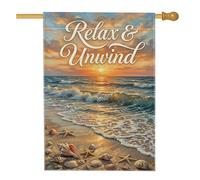 Bandiera della casa al tramonto, con onde rilassate e conchiglie estive blu su entrambi i lati, grande bandiera da giardino per esterni, prato, cortile, patio, ingresso 71 x 101 cm