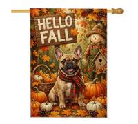 Bandiera della casa autunnale con cani francesi, 71 x 101 cm | Cane francese, bandiera da cortile, sciarpa a quadri, zucche, spaventapasseri, tema raccolto, cartello rustico in legno