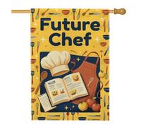 Bandiera della casa con cappello da chef, grembiule da cucina fantasioso, libro di ricette da cucina giallo su entrambi i lati, bandiere decorative per portico esterno, patio, prato, ingresso