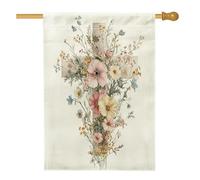 Bandiera della casa con croce pasquale primaverile, 71 x 101 cm, double-face, per decorazione esterna, acquerello, fiori di campo, bandiera per la casa, bandiera per la casa, paesaggio naturale per