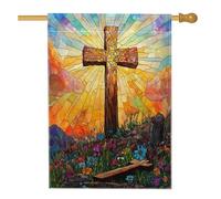 Bandiera della casa con croce pasquale primaverile, 71 x 101 cm, double-face, per esterni, con fiori in vetro colorato, bandiera per la casa, con fiori di campo e natura, motivo paesaggistico per
