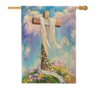 Bandiera della casa con croce pasquale primaverile, 71 x 101 cm, double-face, per esterni, pittura a olio, fiori di campo, bandiera per la casa, motivo naturale scenico per esterni, cortile e prato