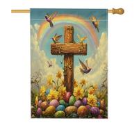 Bandiera della casa con croce pasquale primaverile, 71 x 101 cm, double-face, per esterni, uova di fiori selvatici, bandiera per la casa, fiori scenici all'aperto piccolo cortile prato bandiera