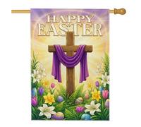 Bandiera della casa con croce, uova di Pasqua primaverili e gigli viola su entrambi i lati, in iuta, decorativa, per esterni, patio, cortile, prato, ingresso, balcone, 71 x 101 cm