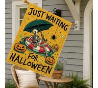 Bandiera della casa con scheletro, fantasioso ombrello con zucche festive, in iuta arancione, double-face, decorativa, per esterni, patio, cortile, prato, ingresso, balcone, 71 x 101 cm