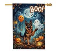Bandiera della casa con scritta "German Shepherd Boo Boo", 71 x 101 cm | Ritratto di pastore tedesco, bandiera del prato, sfondo fantasioso della foresta, Jack-o'-lanterns, illustrazione di fantasma