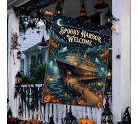 Bandiera della casa con scritta "Ghost Ship", 71 x 101 cm | Illustrazione della nave fantasma, bandiera del cortile, molo di legno, spiriti eterei, luna crescente, fogliame autunnale