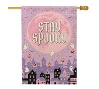 Bandiera della casa con scritta "Stay Spooky Pastello" con citazione di | Estetica gotica pastello, bandiera del prato, illustrazioni di fantasmi e zucche, paesaggio sagoma della città