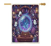 Bandiera della casa con sfera di cristallo, fantasiosi libri di fantasmi magici di Halloween viola su entrambi i lati, grande bandiera da giardino per esterni, patio, prato, ingresso campeggio, 71 x