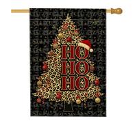 Bandiera della casa con stampa leopardata con albero di Natale, 71 x 101 cm | Leopard stampa sfondo, Yard Flag, Buffalo plaid modello, Festive Santa cappello, stagionale segnaletica esterna
