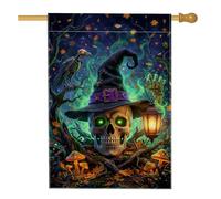 Bandiera della casa con teschio, spettrale cappello da strega mistica, lanterna per Halloween, in iuta verde, su entrambi i lati, bandiere decorative per portico anteriore, per esterni, cortile, prato
