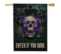 Bandiera della casa con teschio spettrale stregato di Halloween, 71 x 101 | Tema gotico della casa infestata, bandiera del prato, effetto fumo viola spettrale, struttura in lino resistente alle