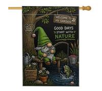 Bandiera della casa degli gnomi, fantasiosa bandiera rustica con albero e pesce primaverile verde su entrambi i lati, grande bandiera da giardino per esterni, cortile, prato, patio, porta d'ingresso