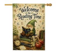 Bandiera della casa degli gnomi, libri allegri e fantasiosi che leggono mele in iuta verde su entrambi i lati, grande bandiera da giardino per esterni, patio, prato, ingresso, campeggio, 71 x 101 cm