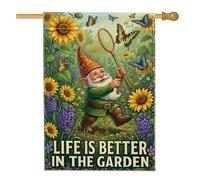 Bandiera della casa degli gnomi, primaverile fantasiosa girasole farfalla primavera verde iuta double face grande bandiera da giardino per esterni patio prato ingresso campeggio 71 x 101 cm