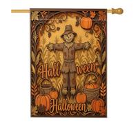 Bandiera della casa degli spaventapasseri, cesto di zucche rustiche stagionali per Halloween, arancione, double face, grande bandiera da giardino per esterni, patio, prato, ingresso, campeggio, 71 x