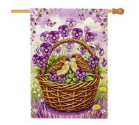 Bandiera della casa degli uccelli, cesto floreale primaverile viole del pensiero viola primavera iuta doppia faccia esterna grande bandiera da giardino per esterni cortile prato patio ingresso 71 x