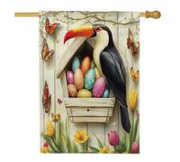 Bandiera della casa degli uccelli del tucano di Pasqua primaverile 71 x 101 cm per esterni, uova della casetta per gli uccelli in legno bandiera verticale standard per la casa, bandiera floreale per