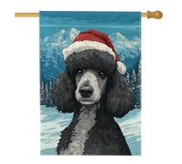 Bandiera della casa dei barboncini, cappello di Babbo Natale invernale in montagna blu su entrambi i lati, grande bandiera da giardino per esterni, patio, cortile, prato, ingresso, balcone, 71 x 101