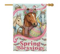 Bandiera della casa dei cavalli, uova di Pasqua primaverili, fiori di Pasqua reale di Pasqua blu pastello su entrambi i lati, bandiere decorative per esterni, cortile, prato, patio, porta d'ingresso