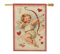 Bandiera della casa dei cherubini, San Valentino vintage con cuori, con fiocco rosso, double face, in iuta, per esterni, patio, cortile, prato, ingresso, balcone, 71 x 101 cm