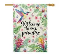 Bandiera della casa dei colibrì, fiore di orchidea floreale tropicale in iuta verde estiva su entrambi i lati, grande bandiera da giardino per esterni, patio, cortile, prato, ingresso, balcone, 71 x