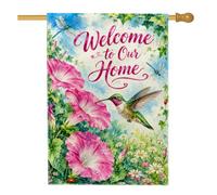 Bandiera della casa dei colibrì, fiore floreale primaverile libellula primavera pesca iuta double face bandiere decorative per portico anteriore esterno patio prato ingresso campeggio 70 x 101 cm