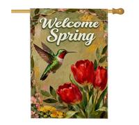 Bandiera della casa dei colibrì, fiori primaverili con tulipani floreali verdi primaverili su entrambi i lati, in iuta, decorativa, per esterni, patio, cortile, prato, ingresso, balcone, 71 x 101 cm