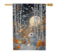 Bandiera della casa dei conigli, bandiera invernale fantasiosa con uccelli e luna, colore grigio, double face, in iuta, per portico anteriore, veranda, giardino, ingresso, campeggio, 71 x 101 cm